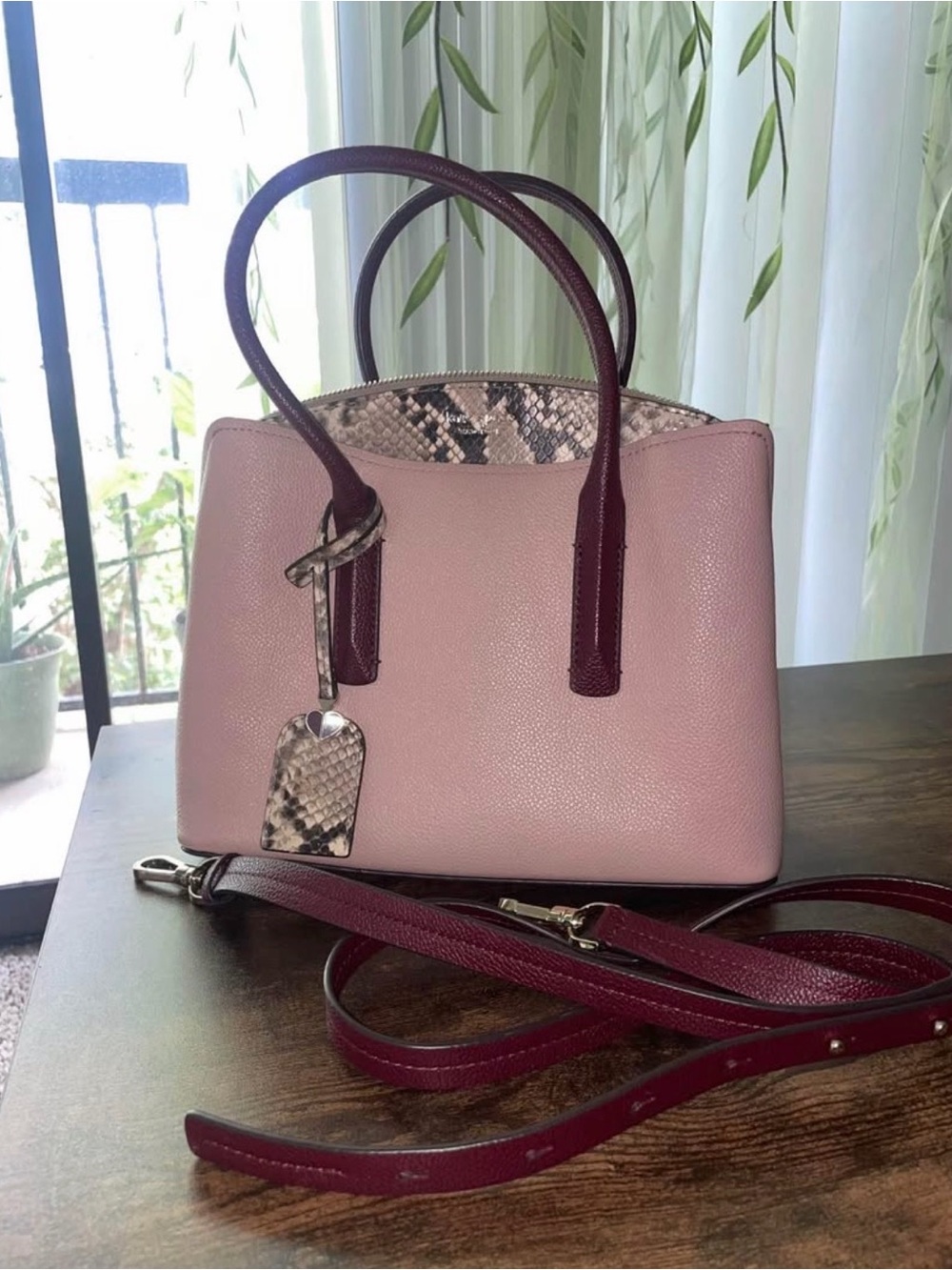kate spade Pink Pebbled Satchel with Burgundy Handles and Snake-Print Trim